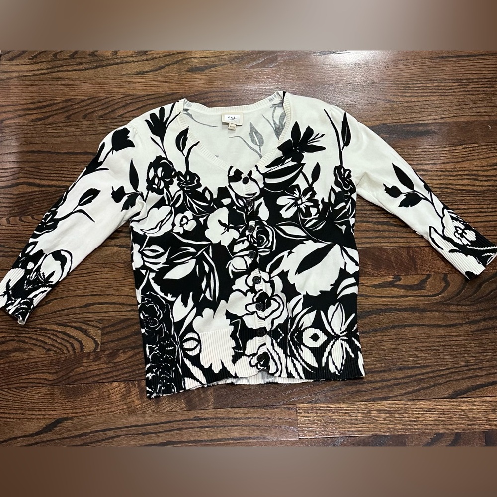 *ECI Cream and Black Floral Knit cardigan